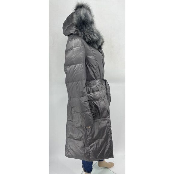 Adrienne Landau Large‎ Anorak Coat Gray Fox Fur Trim Hooded Belted Puffer Jacket - Picture 5 of 12